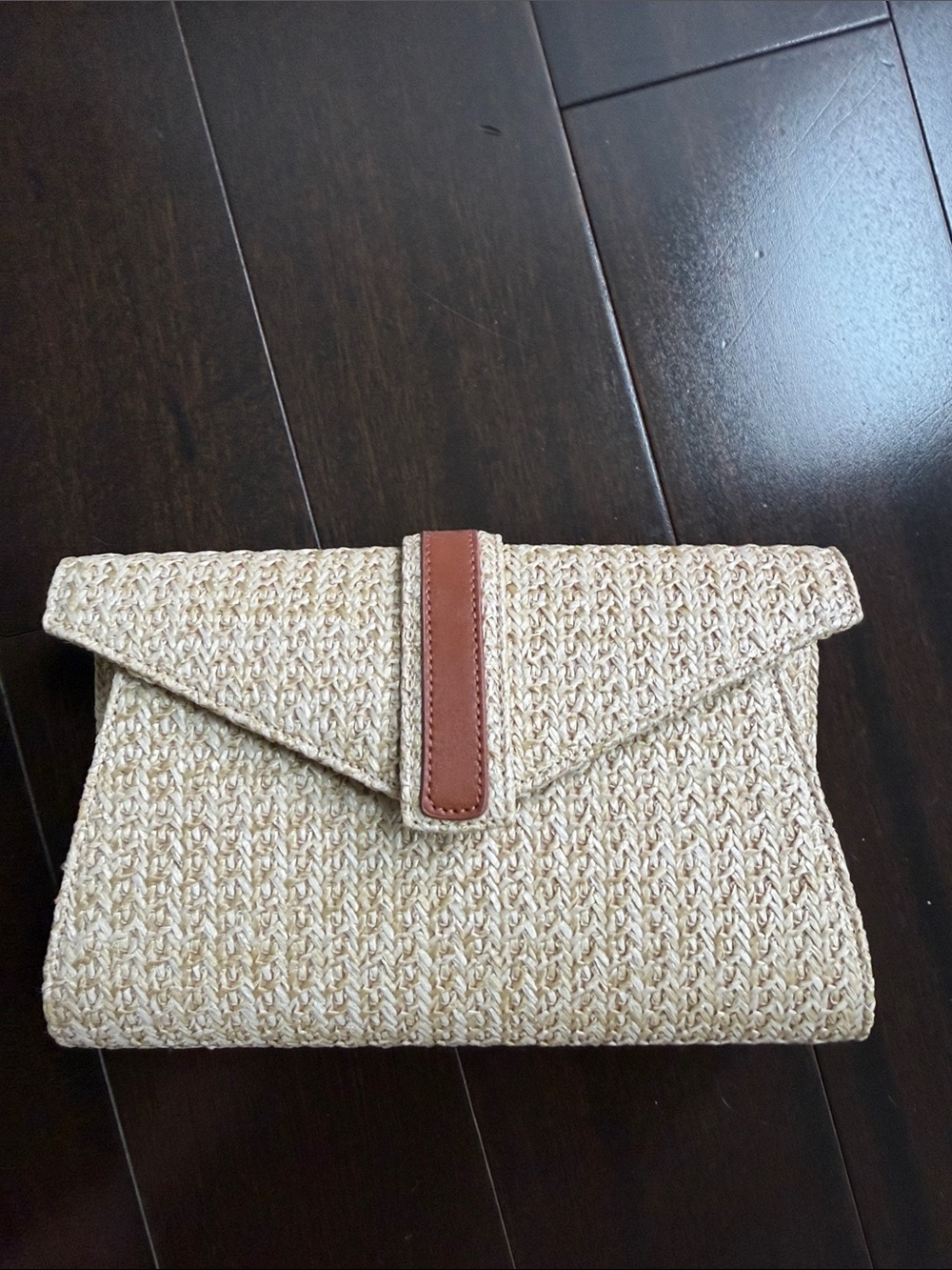 Amazon Woven Straw Envelope Clutch with Brown Leather Trim